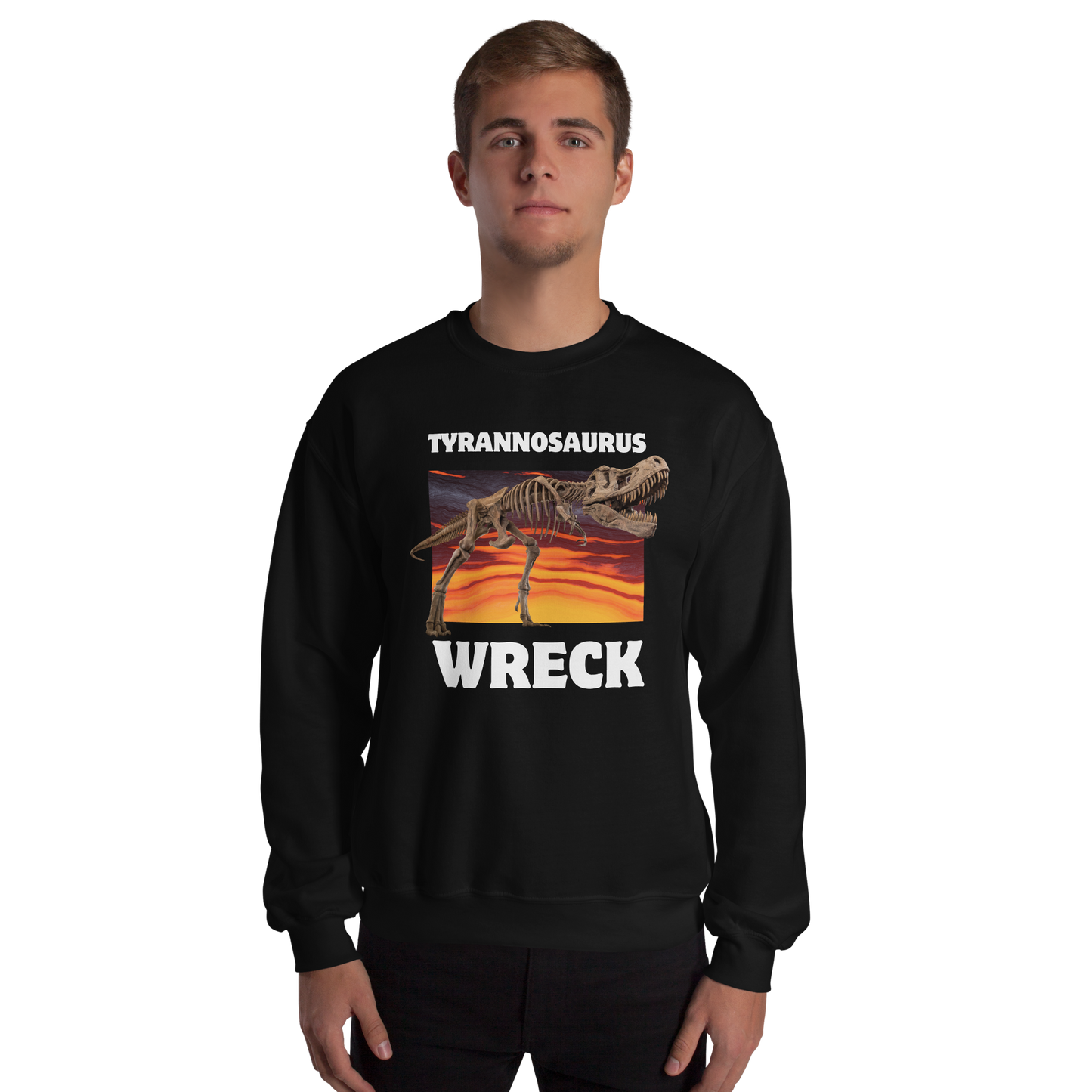 Man wearing a Funny Tyrannosaurus Wreck T-Rex Dinosaur graphic sweatshirt in black by Boozy Fox