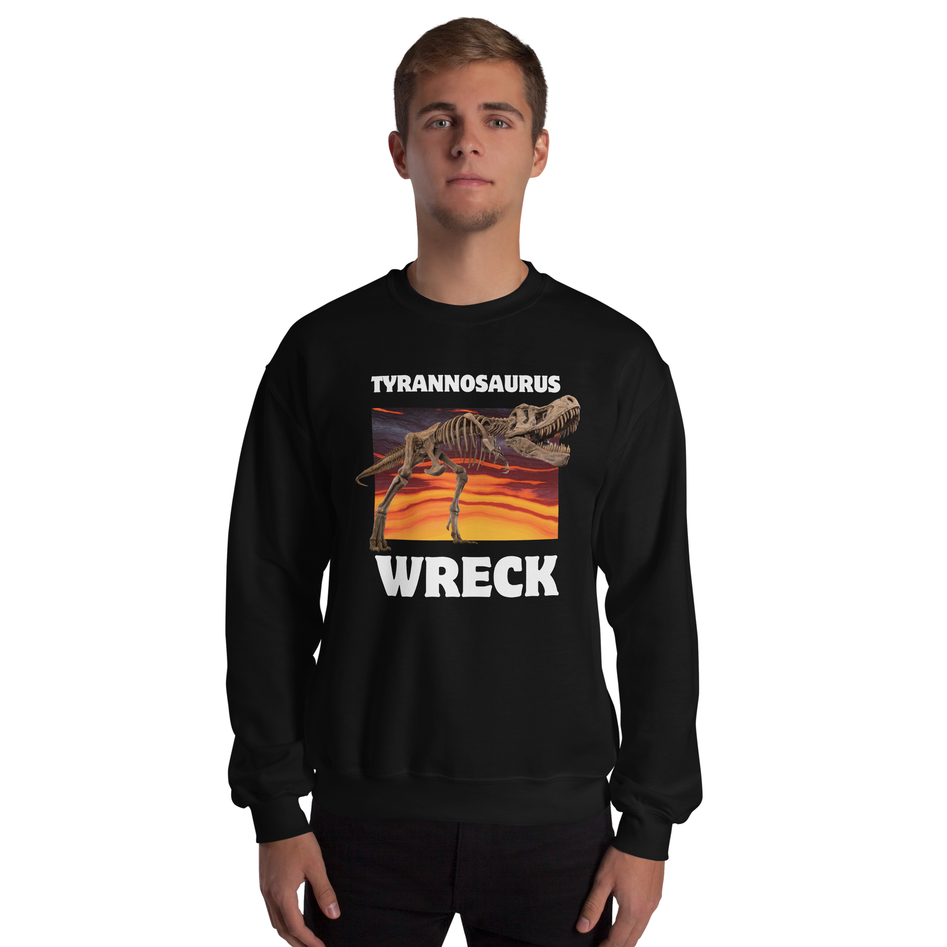 Man wearing a Funny Tyrannosaurus Wreck T-Rex Dinosaur graphic sweatshirt in black by Boozy Fox