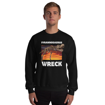 Man wearing a Funny Tyrannosaurus Wreck T-Rex Dinosaur graphic sweatshirt in black by Boozy Fox