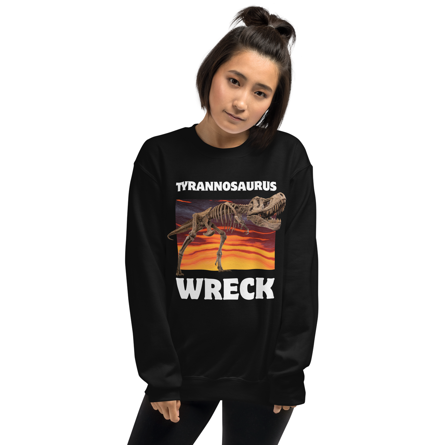 Woman wearing a Funny Tyrannosaurus Wreck T-Rex Dinosaur graphic sweatshirt in black by Boozy Fox