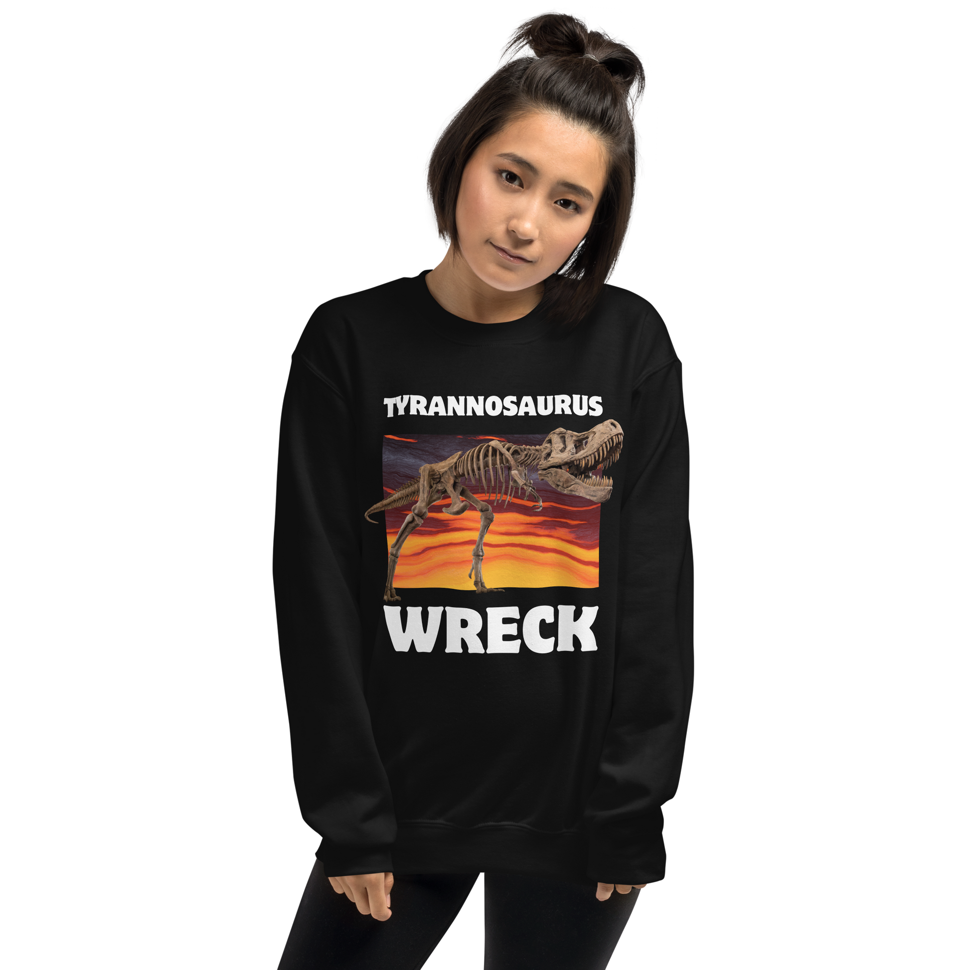 Woman wearing a Funny Tyrannosaurus Wreck T-Rex Dinosaur graphic sweatshirt in black by Boozy Fox