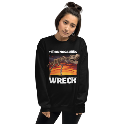 Woman wearing a Funny Tyrannosaurus Wreck T-Rex Dinosaur graphic sweatshirt in black by Boozy Fox
