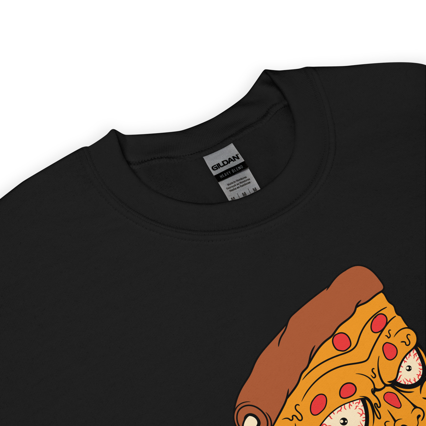 Product details of a Black Melting Pizza Sweatshirt featuring a Meltdown Madness graphic on the chest - Funny Graphic Pizza Sweatshirts - Boozy Fox