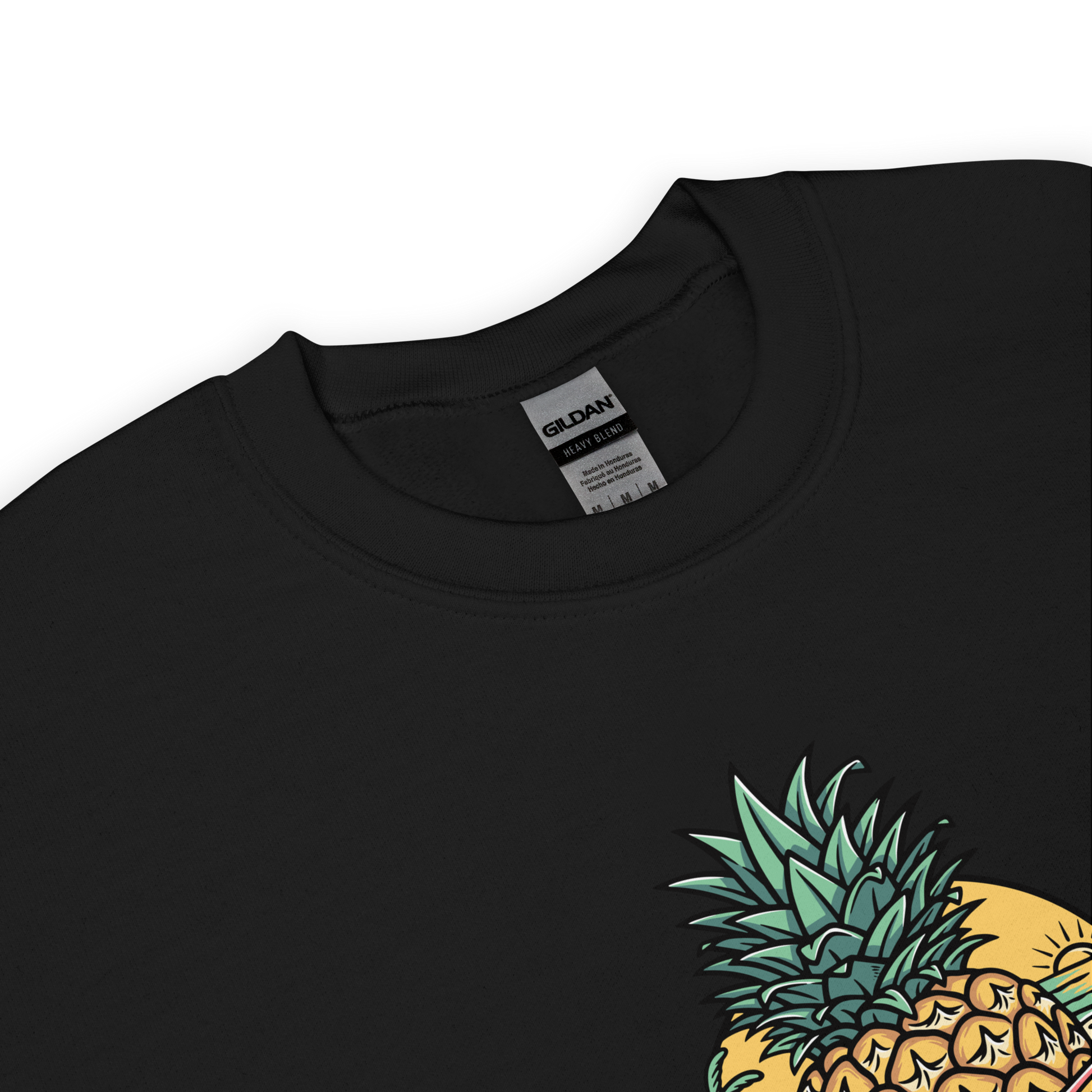 Product details of a Black Tropical Mayhem Sweatshirt featuring a Crazy Pineapple Skull graphic on the chest - Funny Graphic Pineapple Sweatshirts - Boozy Fox