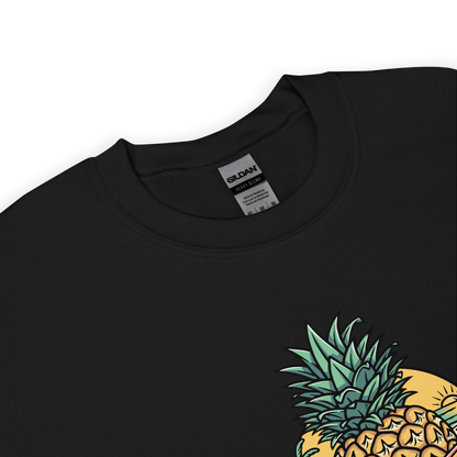Product details of a Black Tropical Mayhem Sweatshirt featuring a Crazy Pineapple Skull graphic on the chest - Funny Graphic Pineapple Sweatshirts - Boozy Fox