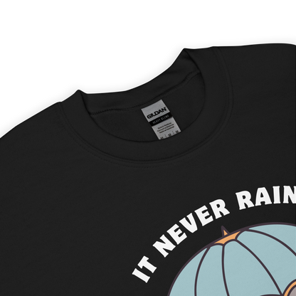 Product details of a Black Umbrella Sweatshirt featuring a unique It Never Rains But It Pours graphic on the chest - Cool Tattoo-Inspired Graphic Umbrella Sweatshirts - Boozy Fox