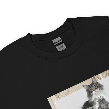 Product details of a Black Royal Cat Sweatshirt featuring a Majestic Cat graphic on the chest - Cute Graphic Cat Sweatshirts - Boozy Fox