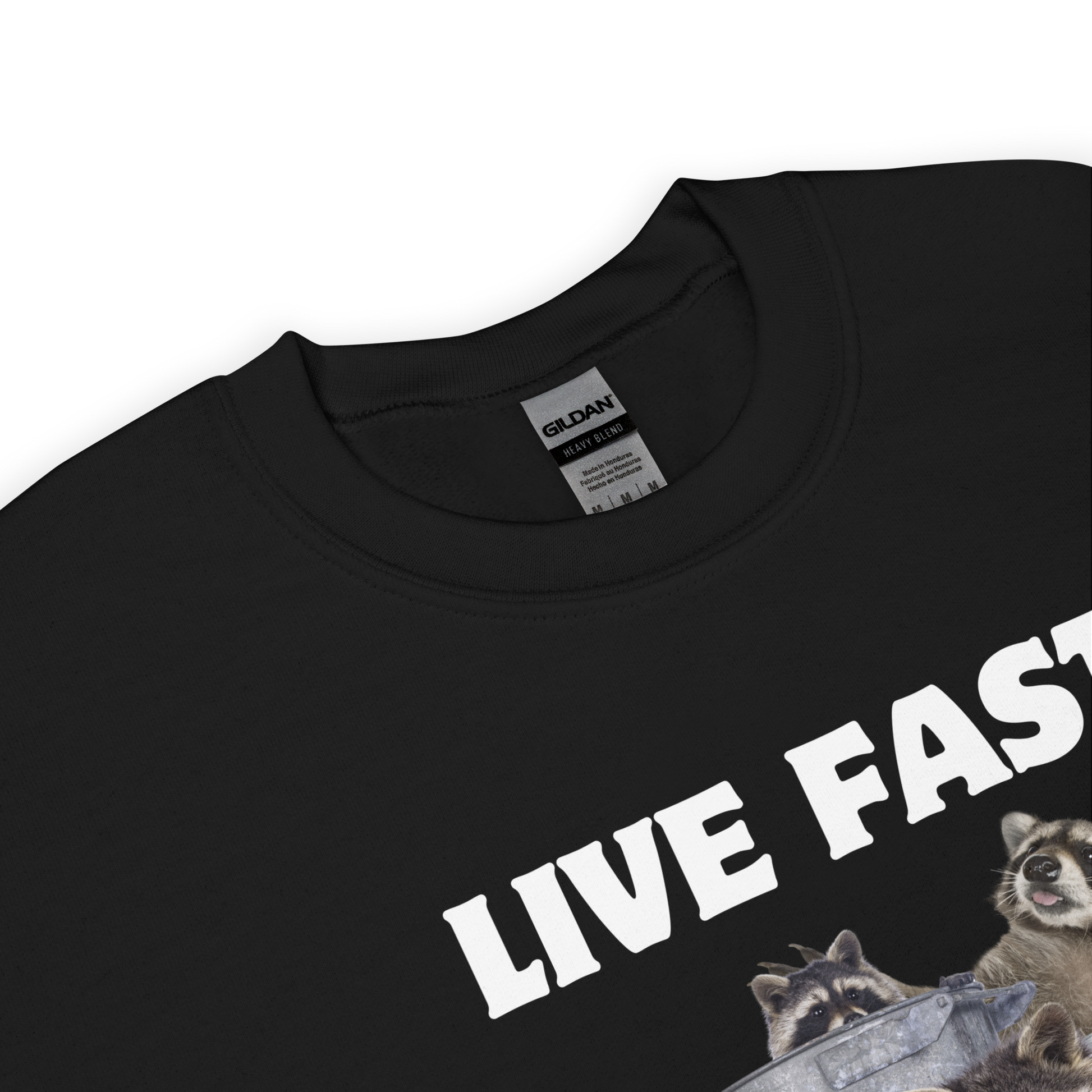 Product details of a Black Live Fast Eat Trash Raccoon Sweatshirt - Boozy Fox