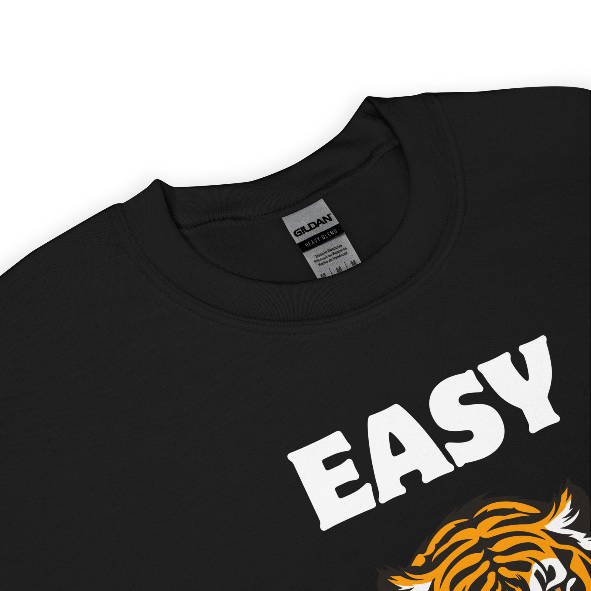 Front details of a Black Tiger Sweatshirt featuring a Easy Tiger graphic on the chest - Funny Graphic Tiger Sweatshirts - Boozy Fox