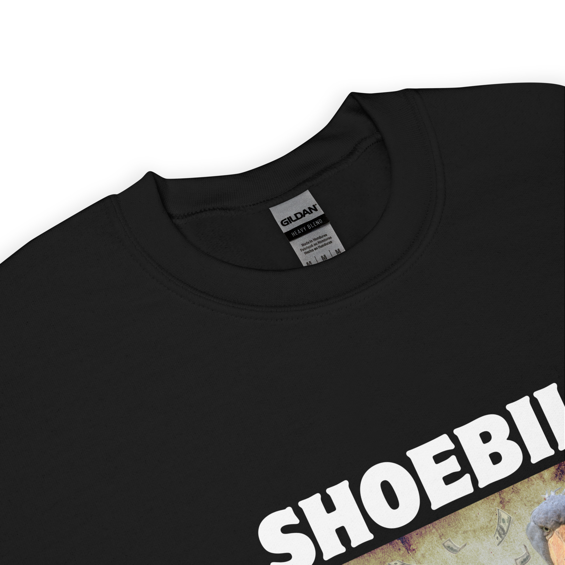 Product details of a Black Shoebill Sweatshirt featuring a cool Shoebill graphic on the chest - Artsy/Funny Graphic Shoebill Stork Sweatshirts - Boozy Fox
