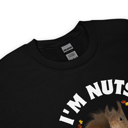 Front details of a black I'm Nuts About You Squirrel Sweatshirt - Boozy Fox
