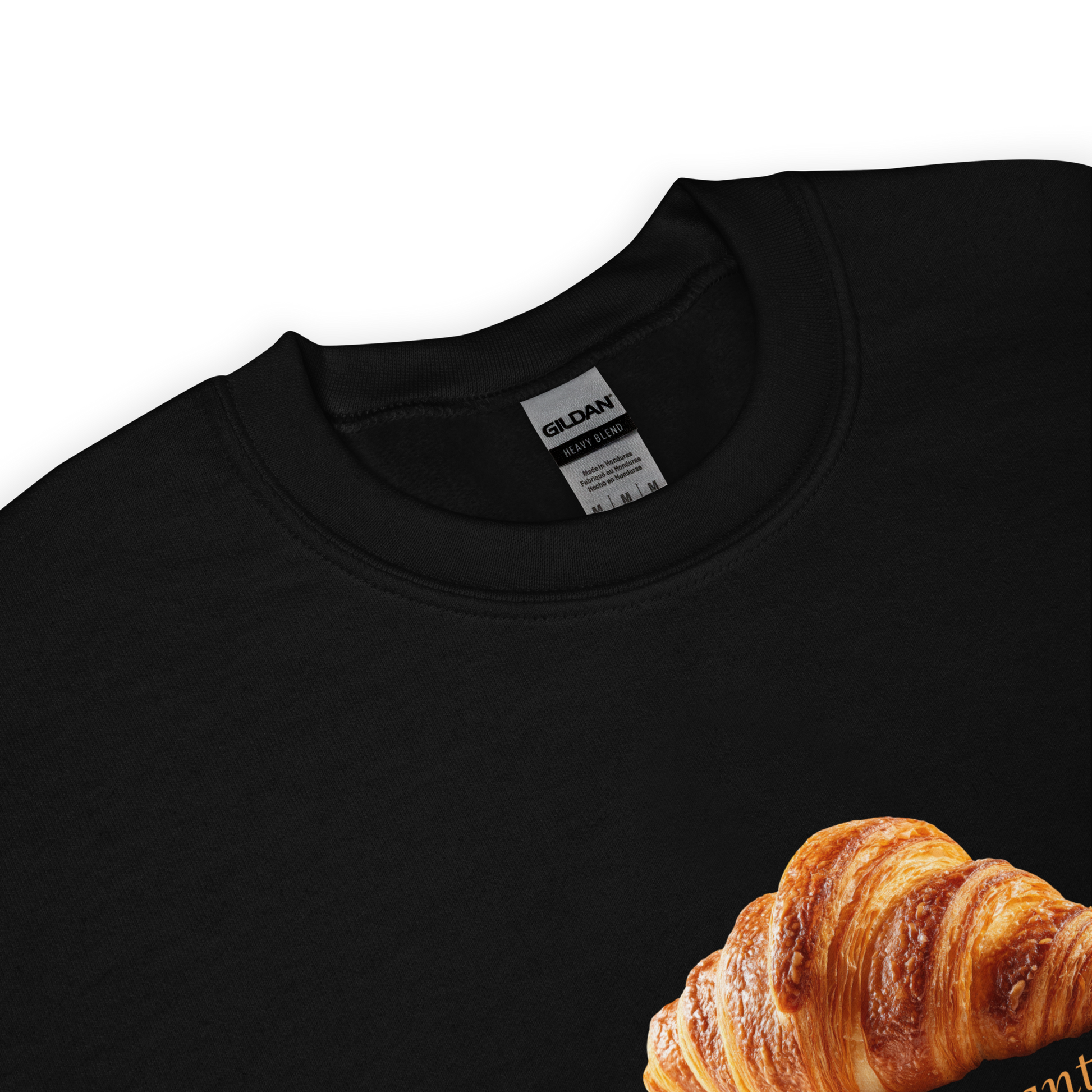Product details of a Funny Le Croissant graphic sweatshirt in black by Boozy Fox