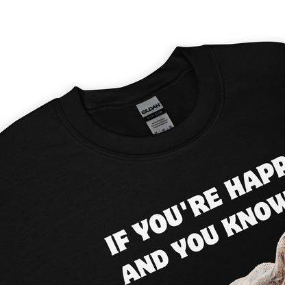 Product details of a Funny Tyrannosaurus Rex If You're Happy And You Know It Clap Your Oh... Dinosaur graphic sweatshirt in black by Boozy Fox