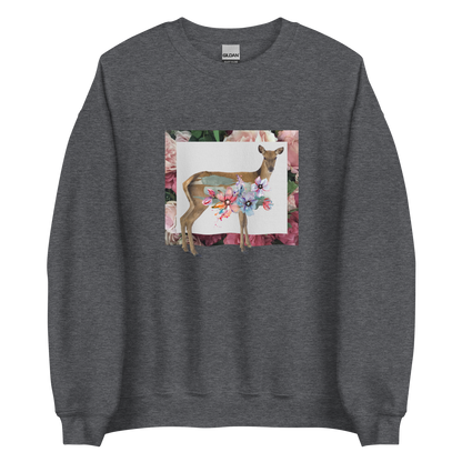 Dark Heather Floral Deer Sweatshirt featuring a beautifully detailed vibrant Floral Deer graphic on the chest - Cute Graphic Deer Sweatshirts - Boozy Fox