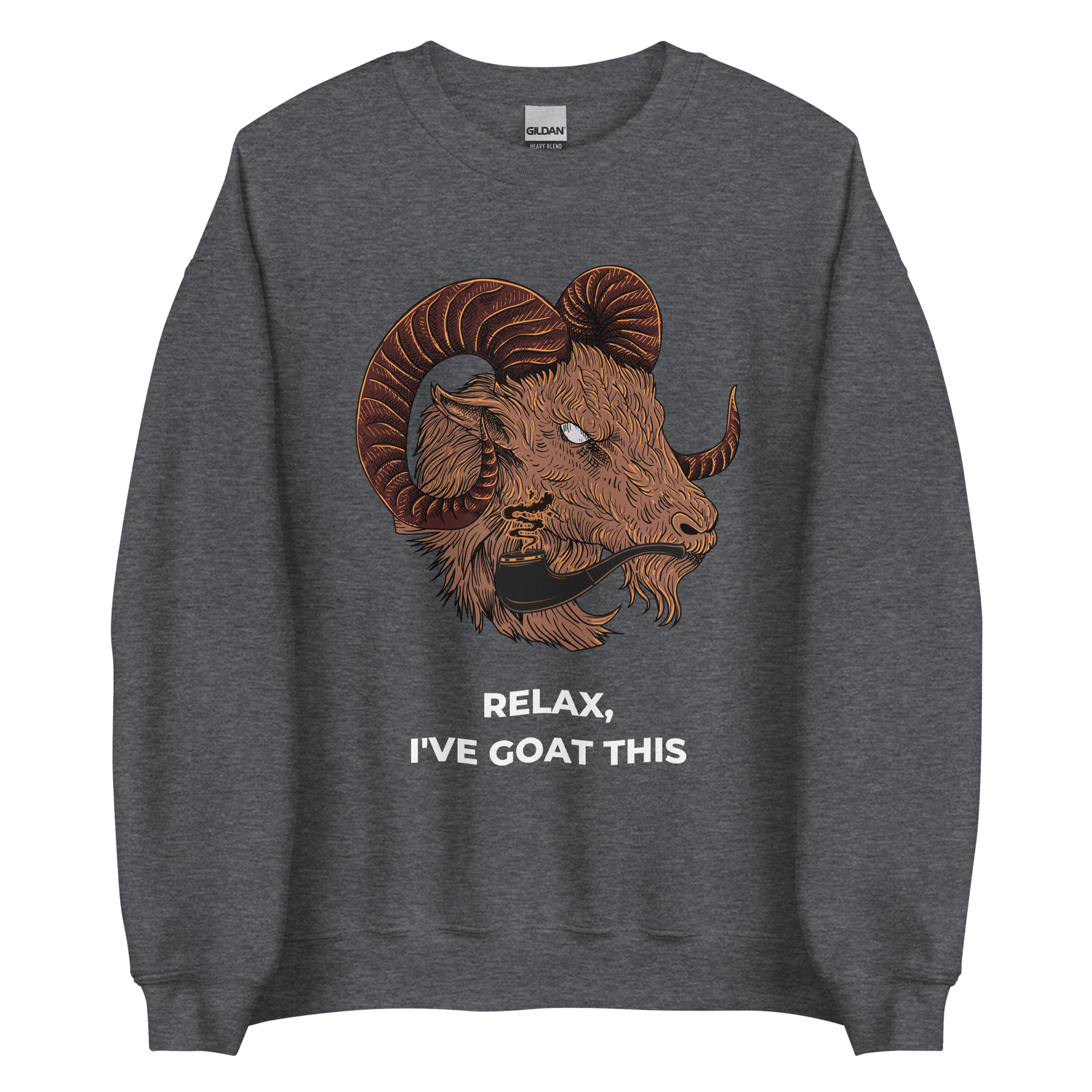 Dark Heather Goat Sweatshirt featuring a fierce Relax I've Goat This graphic on the chest - Funny Graphic Goat Sweatshirts - Boozy Fox