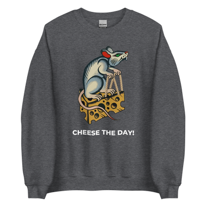Dark Heather Rat Sweatshirt featuring a hilarious Cheese The Day graphic on the chest - Funny Graphic Rat Sweatshirts - Boozy Fox