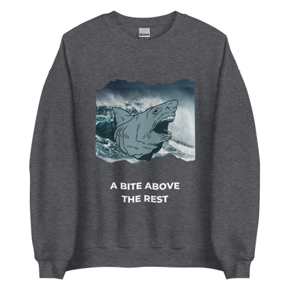 Dark Heather Megalodon Sweatshirt featuring the 'A Bite Above the Rest' graphic on the chest - Funny Graphic Megalodon Sweatshirts - Boozy Fox