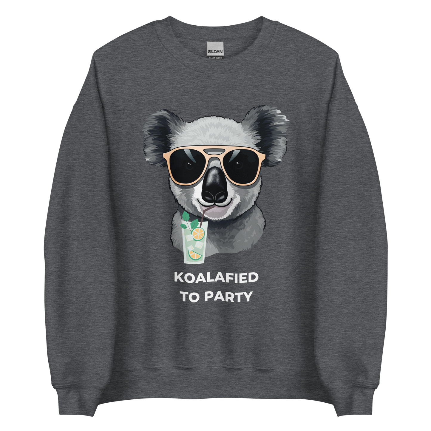 Dark Heather Koala Sweatshirt featuring an adorable Koalafied To Party graphic on the chest - Funny Graphic Koala Sweatshirts - Boozy Fox
