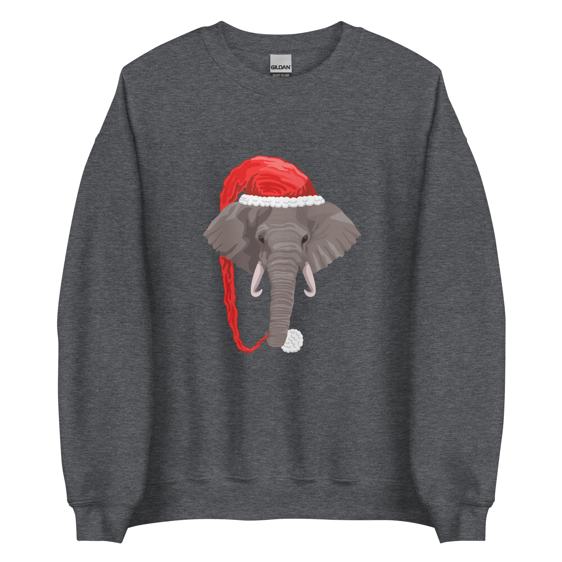 Dark Heather Christmas Elephant Sweatshirt featuring a delight Elephant Wearing an Elf Hat graphic on the chest - Funny Christmas Graphic Elephant Sweatshirts - Boozy Fox
