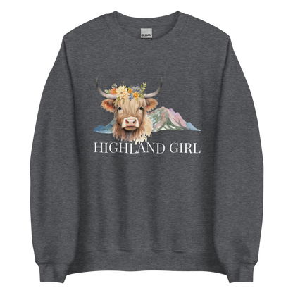 Dark Heather Highland Cow Sweatshirt featuring an adorable Highland Girl graphic on the chest - Cute Graphic Highland Cow Sweatshirts - Boozy Fox