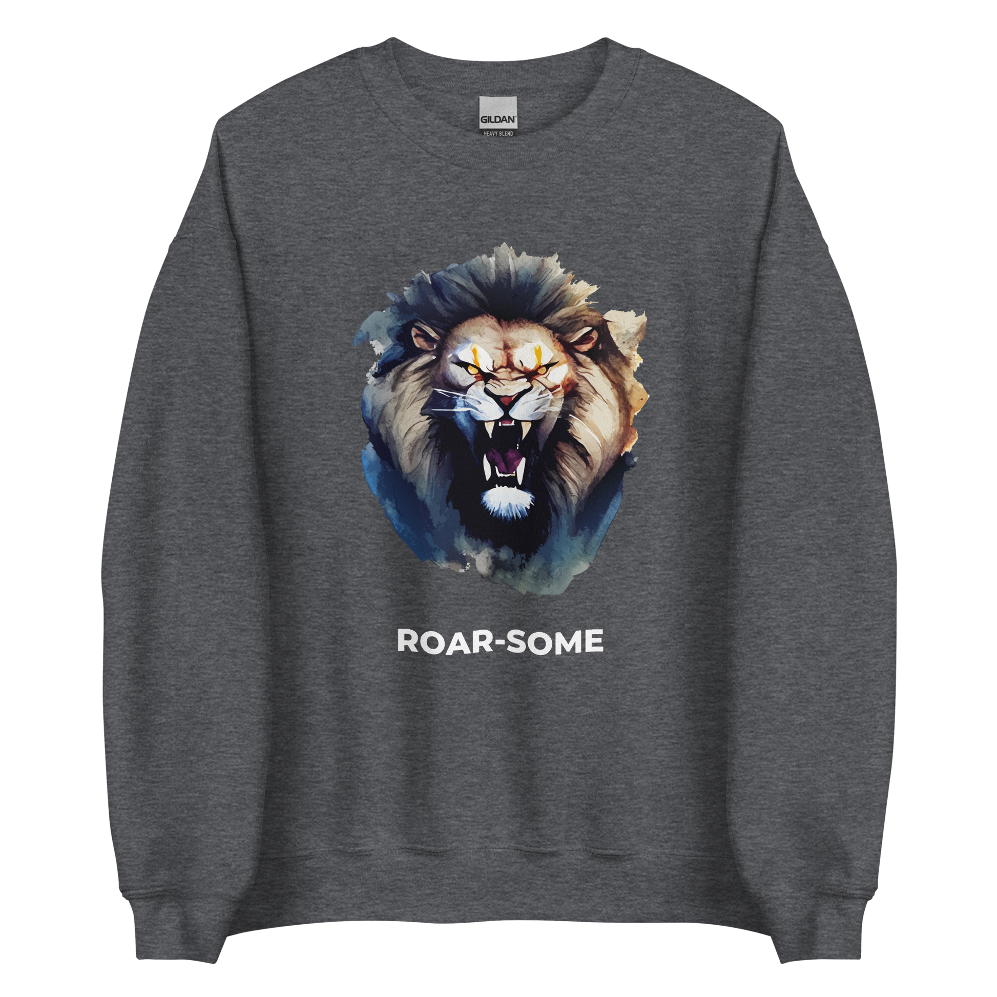 Dark Heather Lion Sweatshirt featuring a Roar-Some graphic on the chest - Cool Graphic Lion Sweatshirts - Boozy Fox
