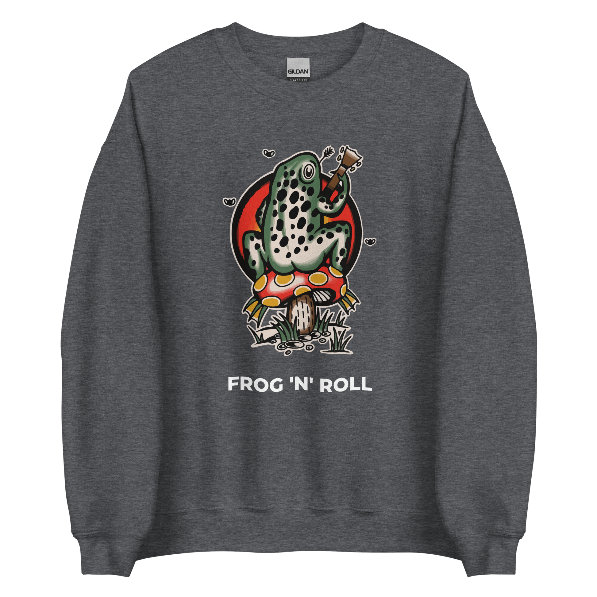 Dark Heather Frog Sweatshirt featuring the hilarious Frog 'n' Roll graphic on the chest - Funny Graphic Frog Sweatshirts - Boozy Fox