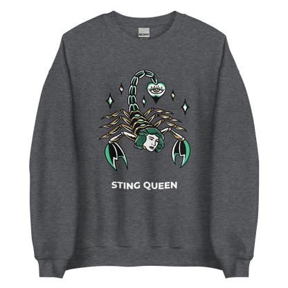 Dark Heather Scorpion Sweatshirt featuring the Sting Queen graphic on the chest - Cool Graphic Scorpion Sweatshirts - Boozy Fox