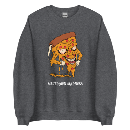 Dark Heather Melting Pizza Sweatshirt featuring a Meltdown Madness graphic on the chest - Funny Graphic Pizza Sweatshirts - Boozy Fox