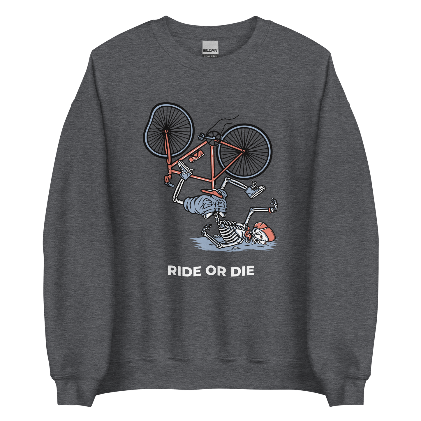Dark Heather Ride or Die Sweatshirt featuring a bold Skeleton Falling While Riding a Bicycle graphic on the chest - Funny Graphic Skeleton Sweatshirts - Boozy Fox