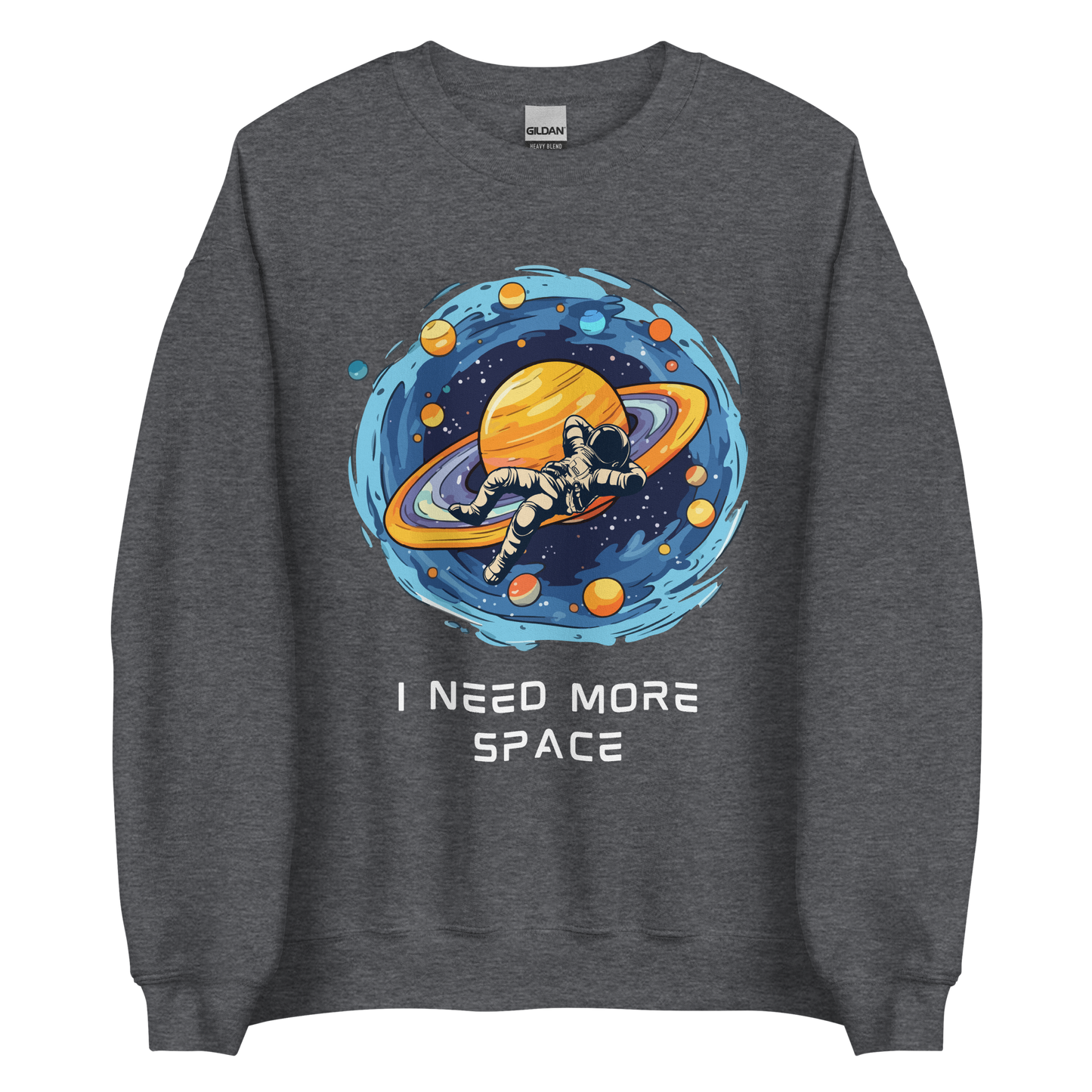 Dark Heather Astronaut Sweatshirt featuring a captivating I Need More Space graphic on the chest - Funny Graphic Space Sweatshirts - Boozy Fox