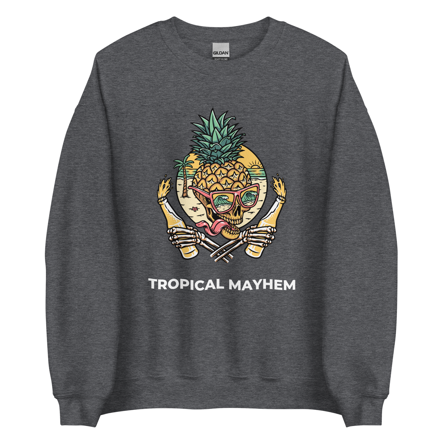 Dark Heather Tropical Mayhem Sweatshirt featuring a Crazy Pineapple Skull graphic on the chest - Funny Graphic Pineapple Sweatshirts - Boozy Fox