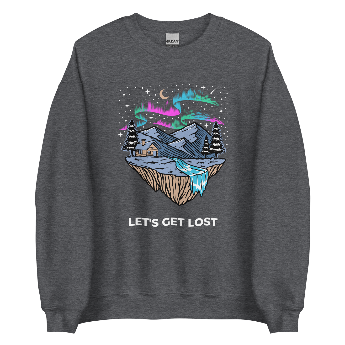 Dark Heather Let's Get Lost Sweatshirt featuring a mesmerizing night sky, adorned with stars and aurora borealis graphic on the chest - Cool Graphic Northern Lights Sweatshirts - Boozy Fox