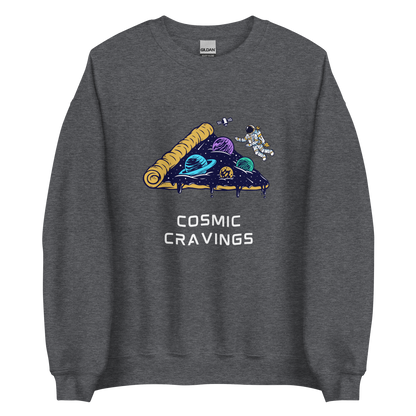 Dark Heather Cosmic Cravings Sweatshirt featuring an Astronaut Exploring a Pizza Universe graphic on the chest - Funny Graphic Space Sweatshirts - Boozy Fox