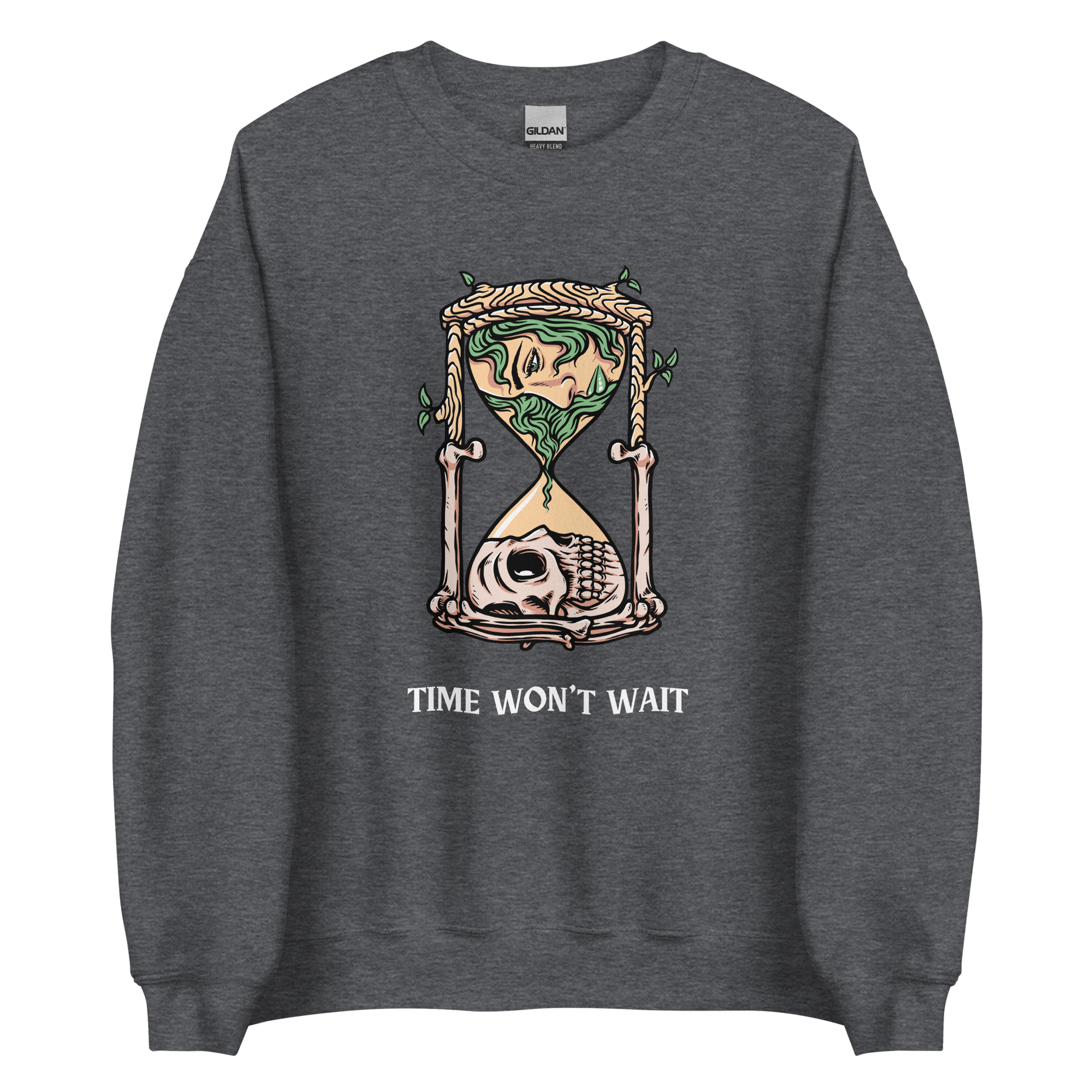 Dark Heather Hourglass Sweatshirt featuring a captivating Time Won't Wait graphic on the chest - Cool Graphic Hourglass Sweatshirts - Boozy Fox