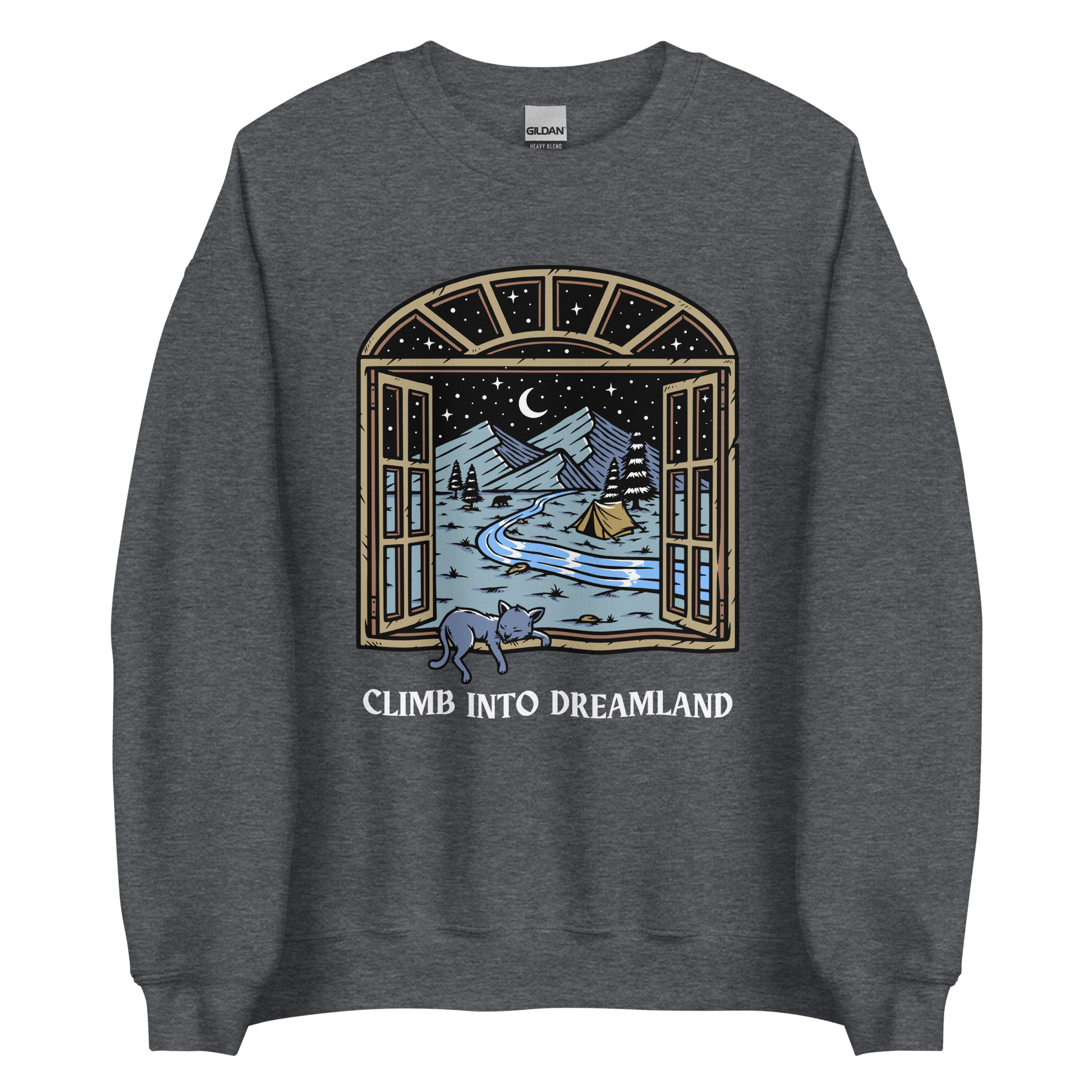 Dark Heather Climb Into Dreamland Sweatshirt featuring a mesmerizing mountain view graphic on the chest - Cool Graphic Nature Sweatshirts - Boozy Fox