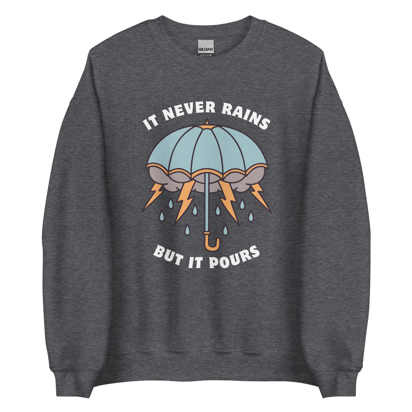Dark Heather Umbrella Sweatshirt featuring a unique It Never Rains But It Pours graphic on the chest - Cool Tattoo-Inspired Graphic Umbrella Sweatshirts - Boozy Fox