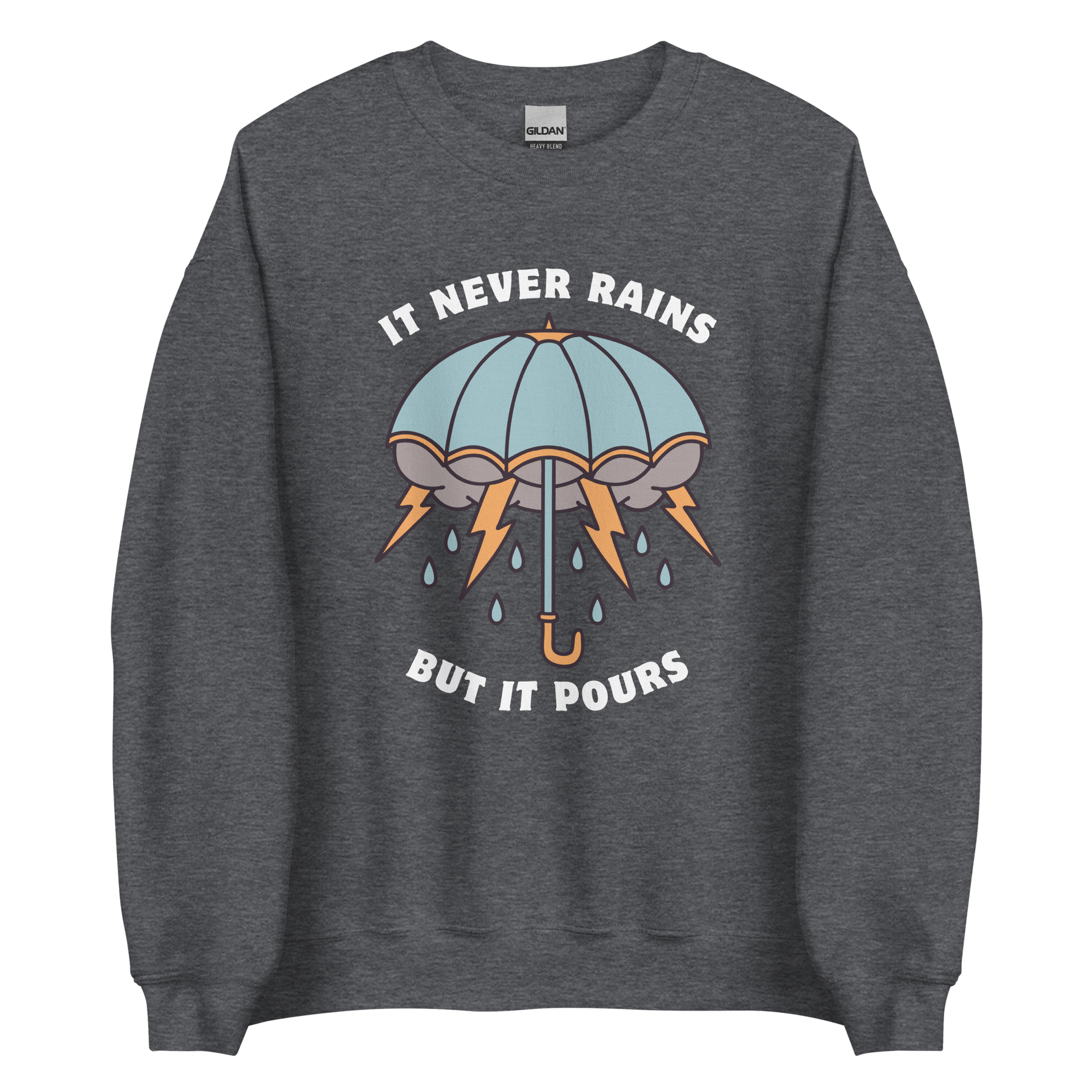 Dark Heather Umbrella Sweatshirt featuring a unique It Never Rains But It Pours graphic on the chest - Cool Tattoo-Inspired Graphic Umbrella Sweatshirts - Boozy Fox