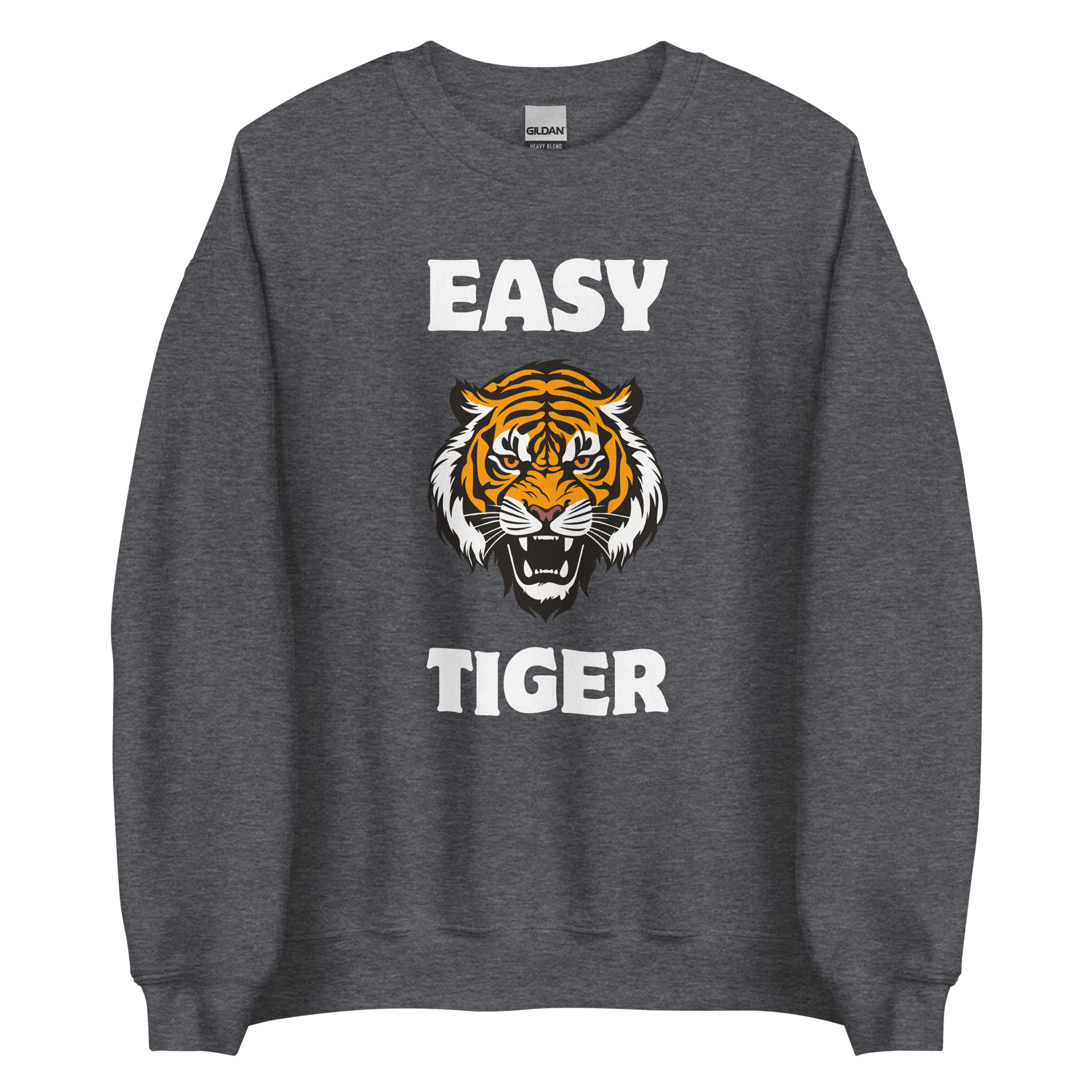 Dark Heather Tiger Sweatshirt featuring a Easy Tiger graphic on the chest - Funny Graphic Tiger Sweatshirts - Boozy Fox