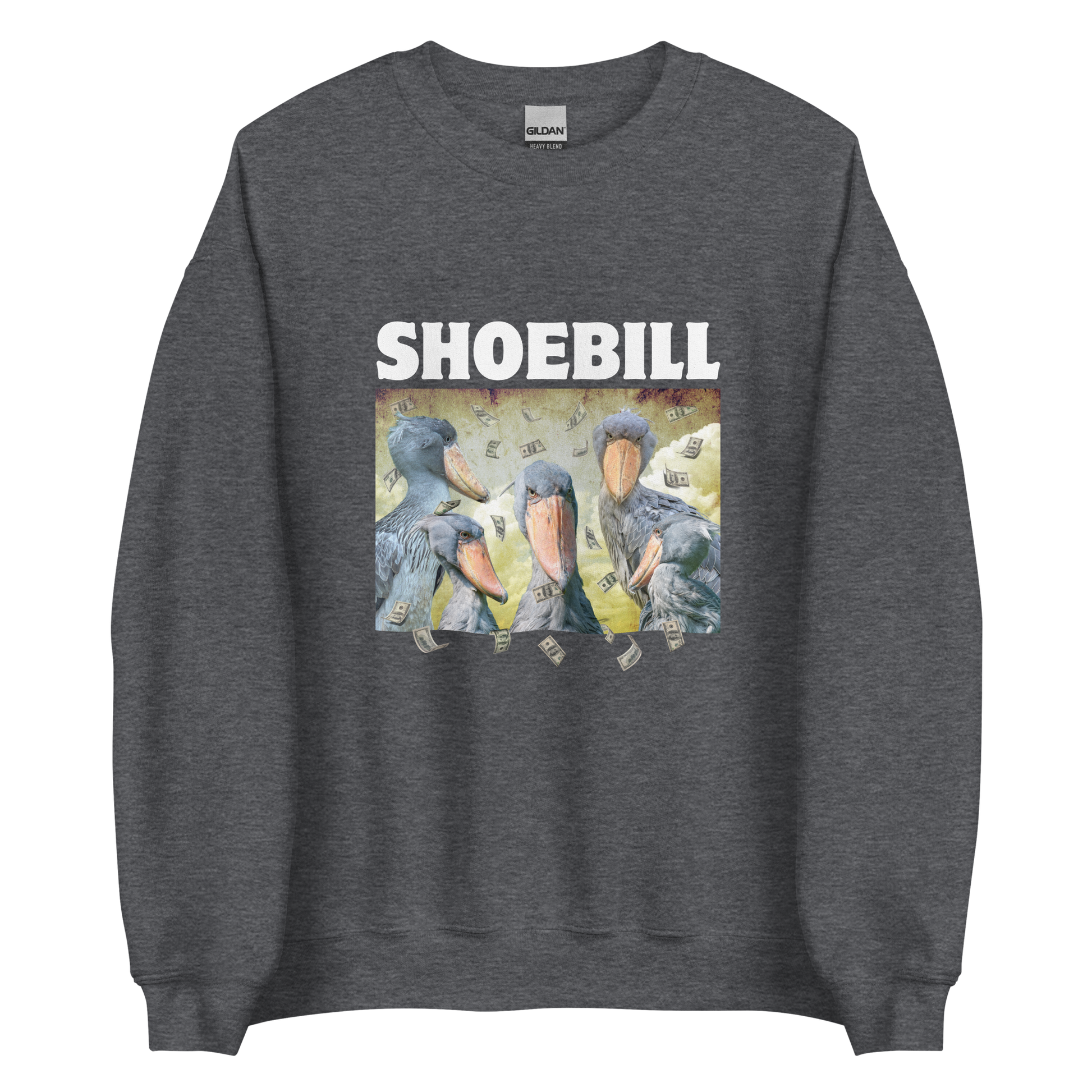 Dark Heather Shoebill Sweatshirt featuring a cool Shoebill graphic on the chest - Artsy/Funny Graphic Shoebill Stork Sweatshirts - Boozy Fox