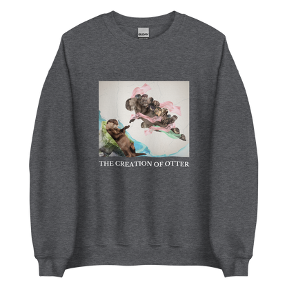 Dark Heather Otter Sweatshirt featuring a playful The Creation of Otter parody of Michelangelo's masterpiece - Artsy/Funny Graphic Otter Sweatshirts - Boozy Fox