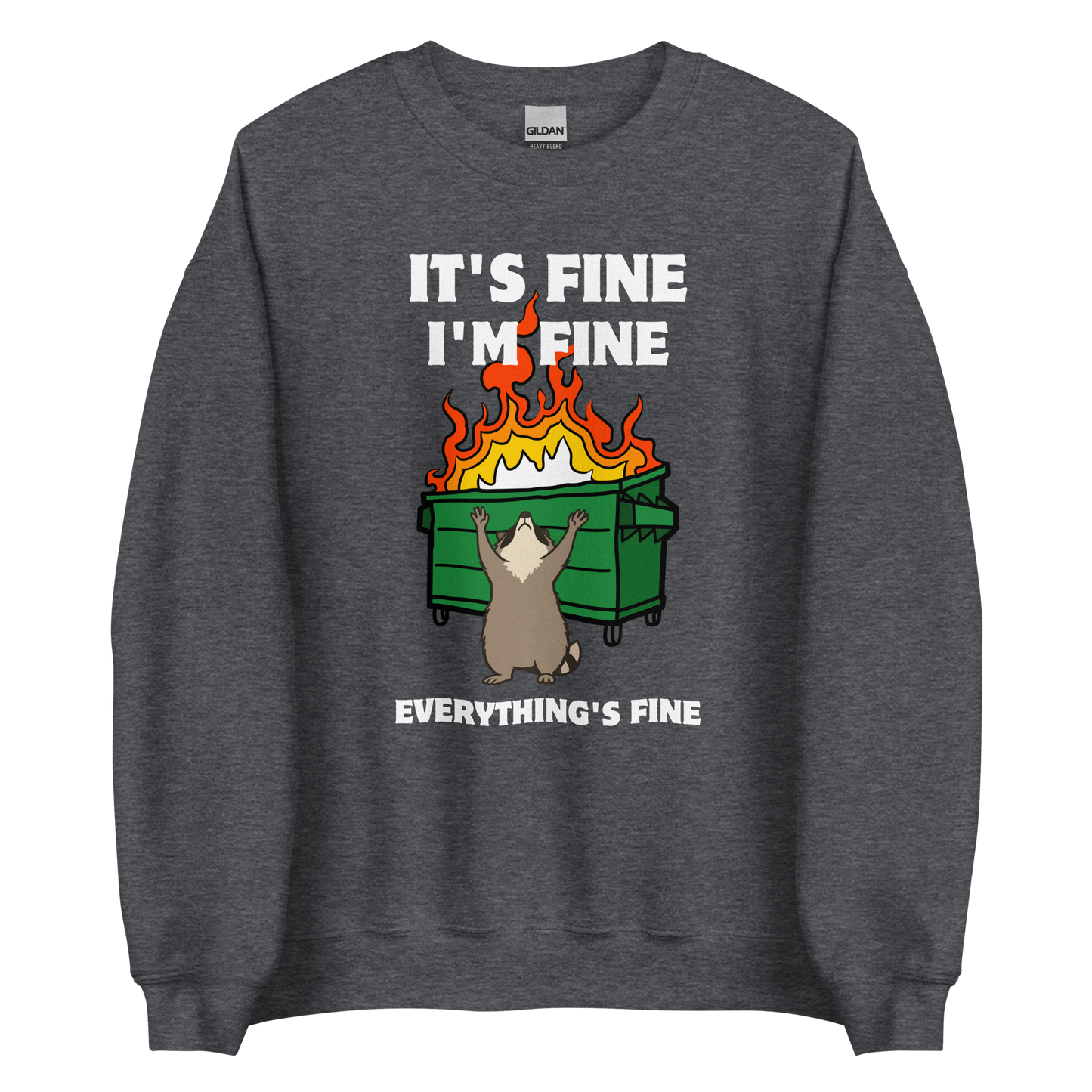 Funny Dumpster Fire Raccoon graphic sweatshirt in dark heather by Boozy Fox