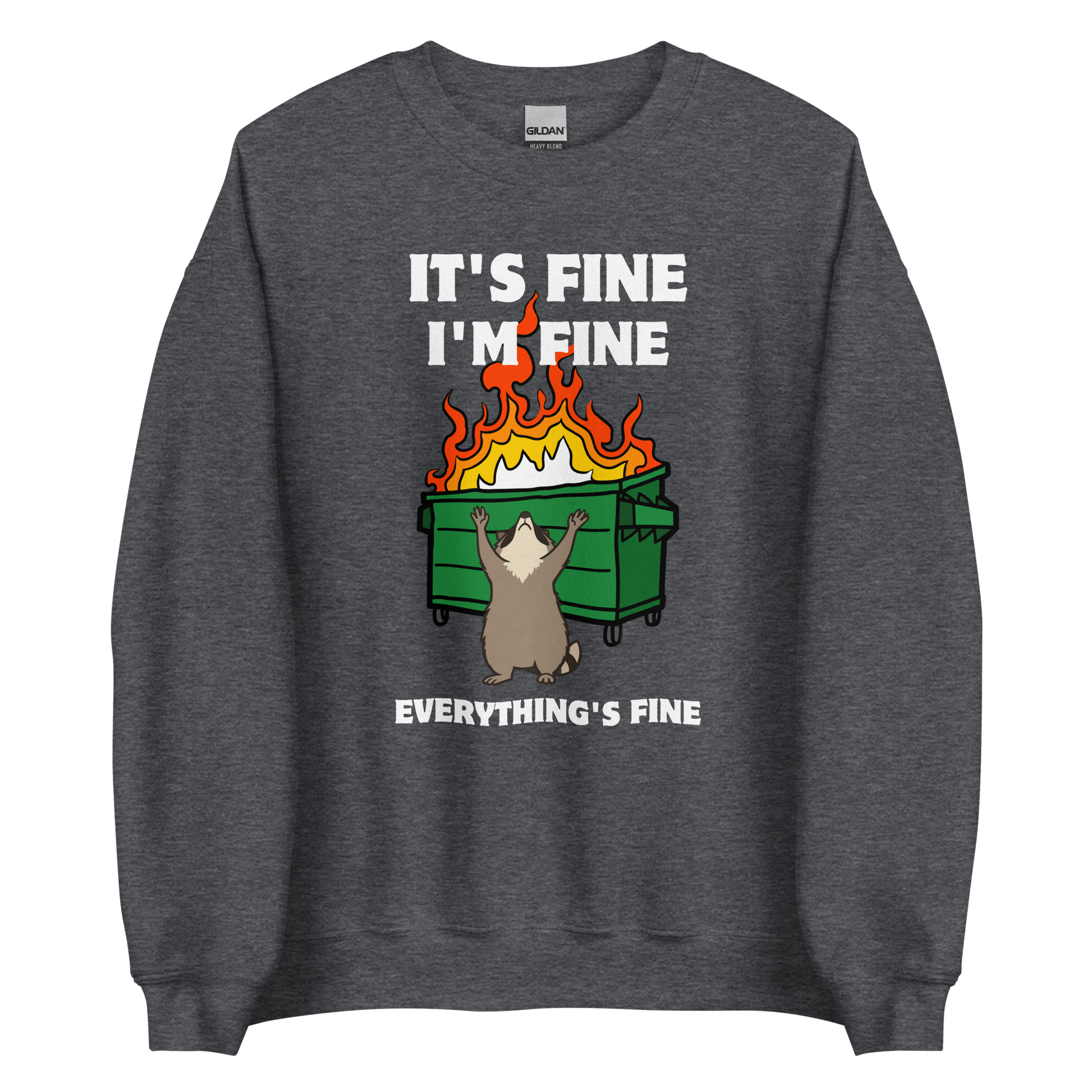 Funny Dumpster Fire Raccoon graphic sweatshirt in dark heather by Boozy Fox