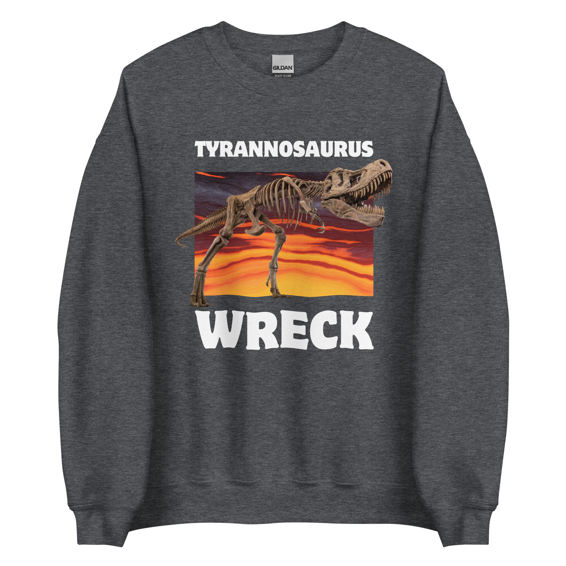 Funny Tyrannosaurus Wreck T-Rex Dinosaur graphic sweatshirt in dark heather by Boozy Fox