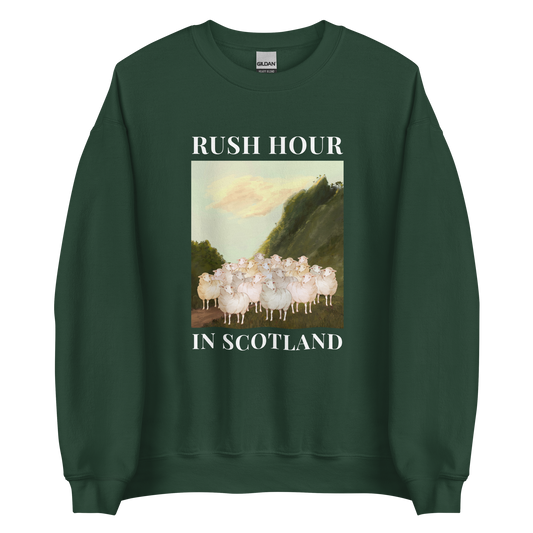 Forest Green Sheep Sweatshirt featuring a comical Rush Hour In Scotland graphic on the chest - Artsy/Funny Graphic Sheep Sweatshirts - Boozy Fox