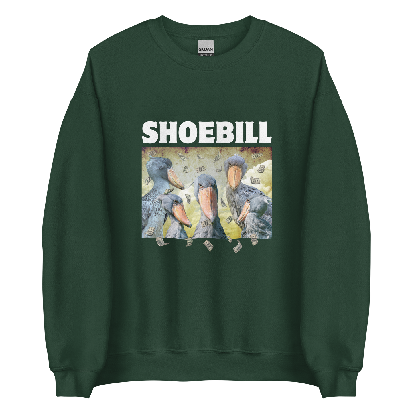 Forest Green Shoebill Sweatshirt featuring a cool Shoebill graphic on the chest - Artsy/Funny Graphic Shoebill Stork Sweatshirts - Boozy Fox