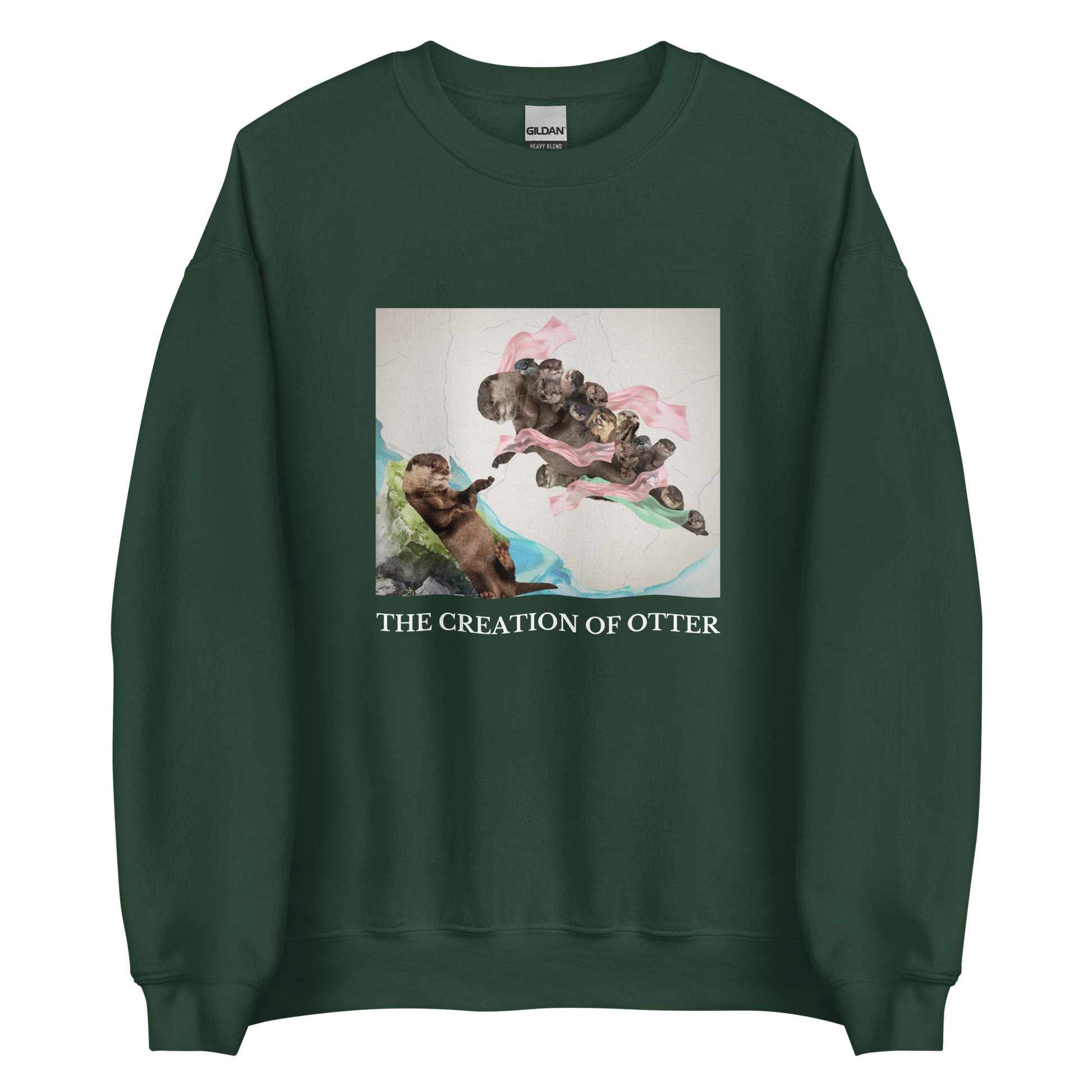 Forest Green Otter Sweatshirt featuring a playful The Creation of Otter parody of Michelangelo's masterpiece - Artsy/Funny Graphic Otter Sweatshirts - Boozy Fox