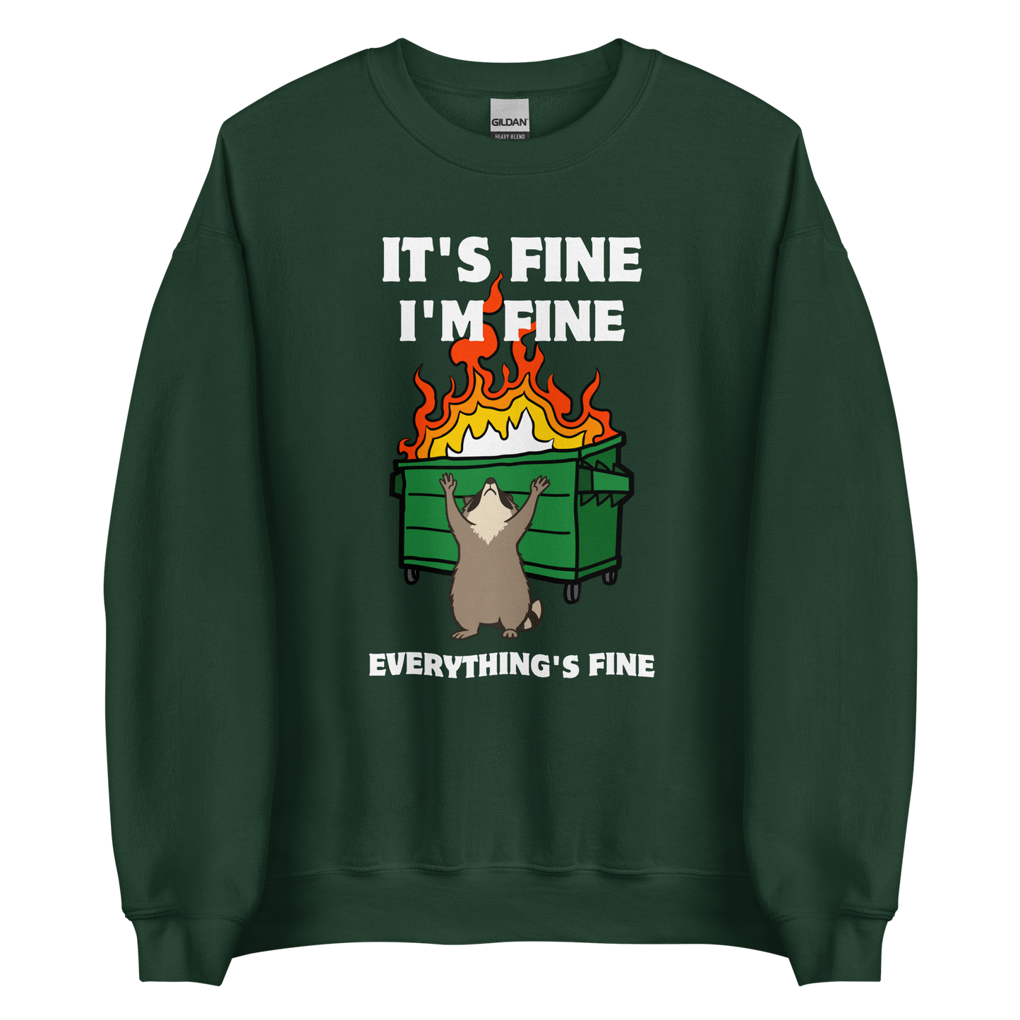 Funny Dumpster Fire Raccoon graphic sweatshirt in forest green by Boozy Fox