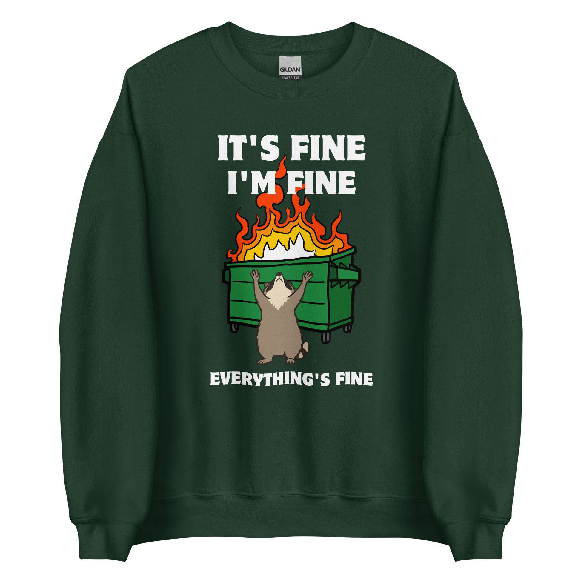 Funny Dumpster Fire Raccoon graphic sweatshirt in forest green by Boozy Fox