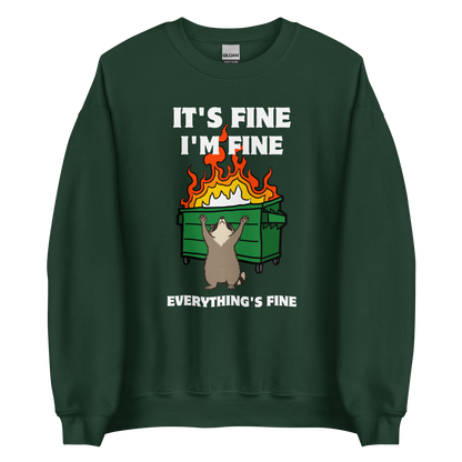 Funny Dumpster Fire Raccoon graphic sweatshirt in forest green by Boozy Fox