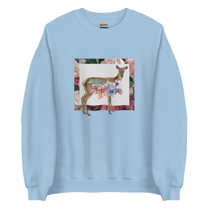 Light Blue Floral Deer Sweatshirt featuring a beautifully detailed vibrant Floral Deer graphic on the chest - Cute Graphic Deer Sweatshirts - Boozy Fox